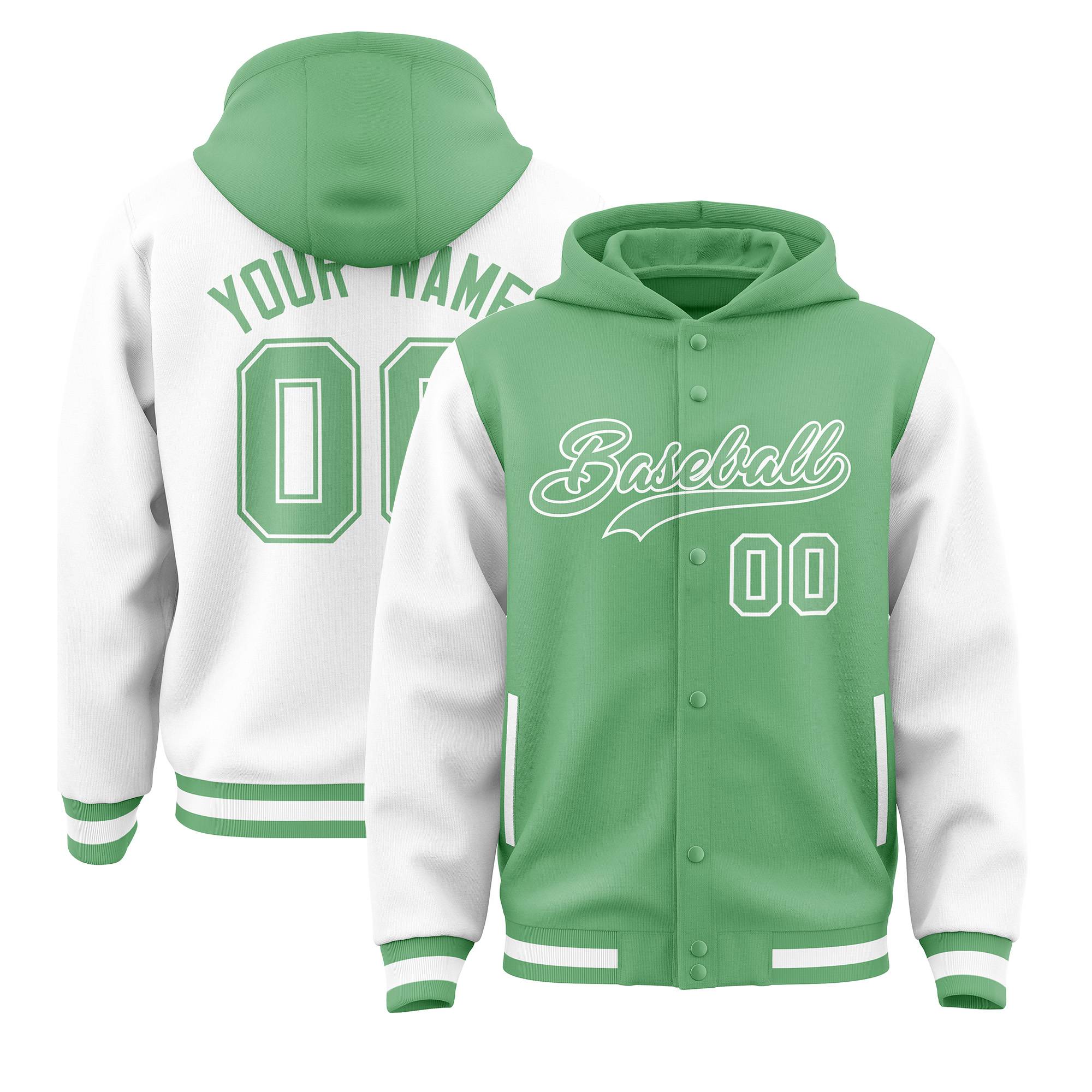 Custom Green White Raglan Sleeves Varsity Full-Snap Letterman Two Tone Jacket Hoodie| KXKSHOP