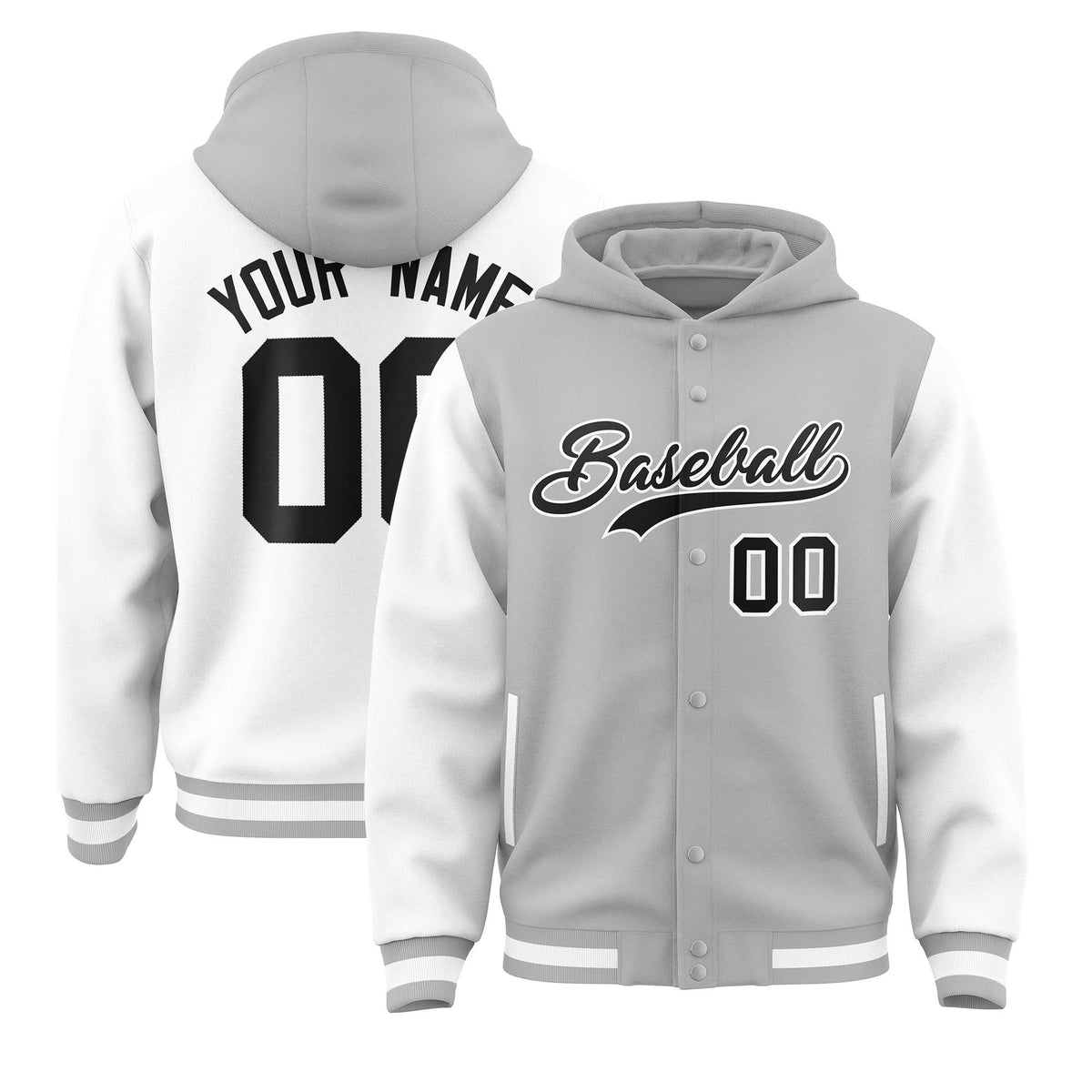 Custom Gray White Raglan Sleeves Varsity Full-Snap Letterman Two Tone Jacket Hoodie| KXKSHOP