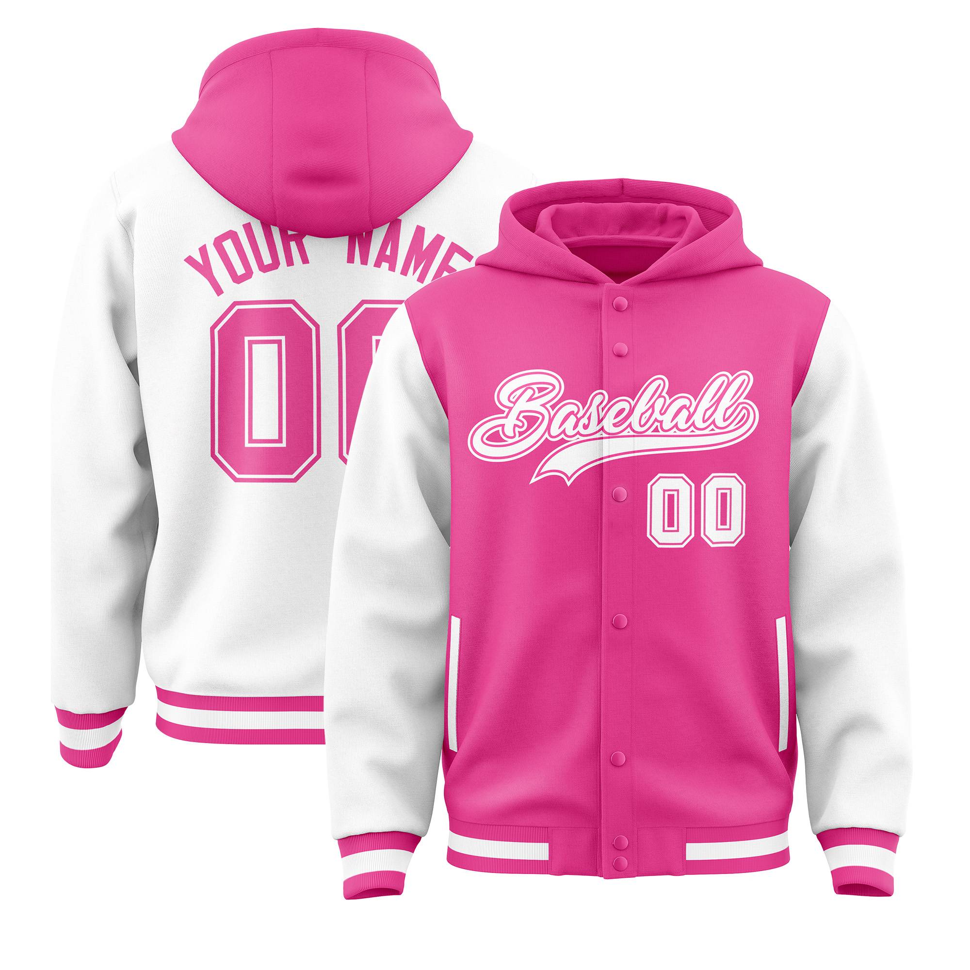 Custom Pink White Raglan Sleeves Varsity Full-Snap Letterman Two Tone Jacket Hoodie| KXKSHOP