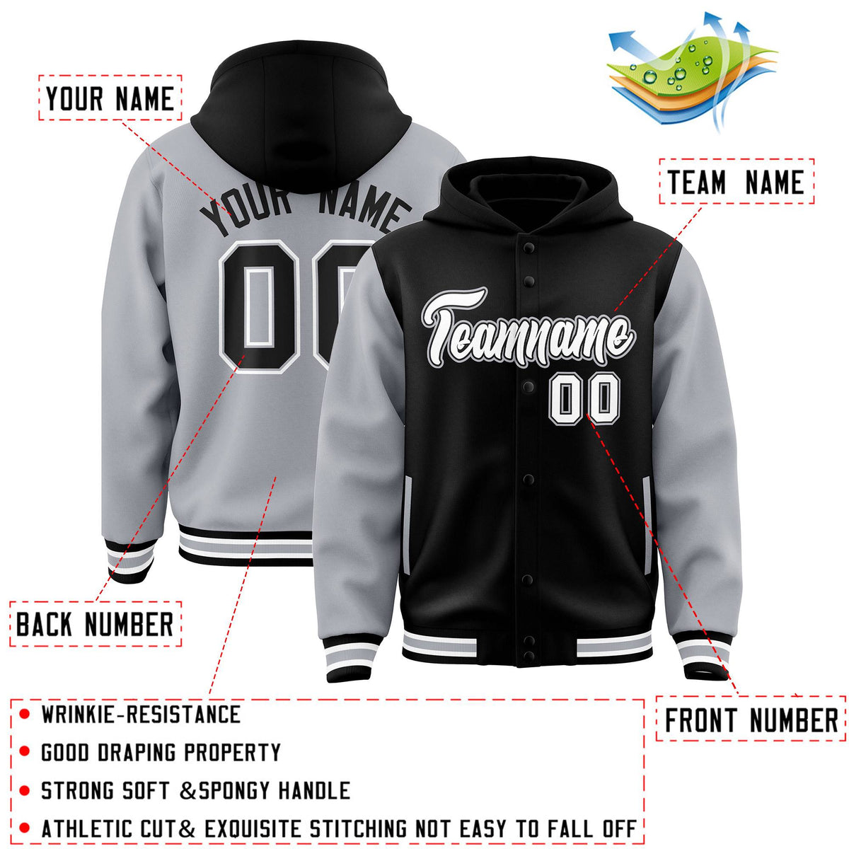 Custom Black Gray Raglan Sleeves Varsity Full-Snap Letterman Two Tone Jacket Hoodie| KXKSHOP