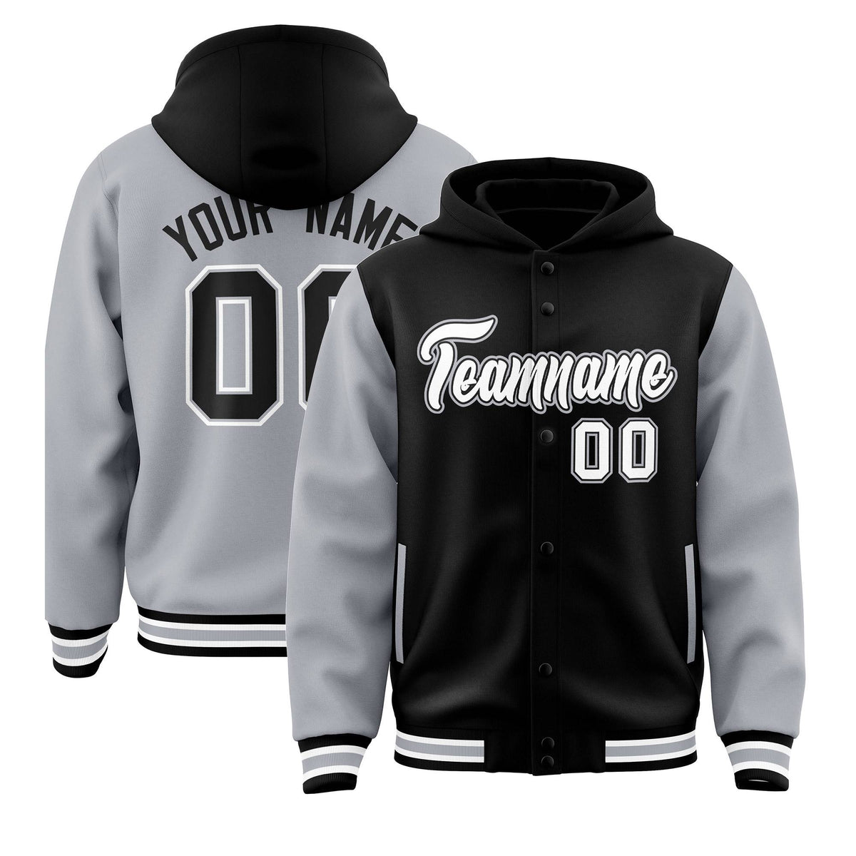 Custom Black Gray Raglan Sleeves Varsity Full-Snap Letterman Two Tone Jacket Hoodie| KXKSHOP