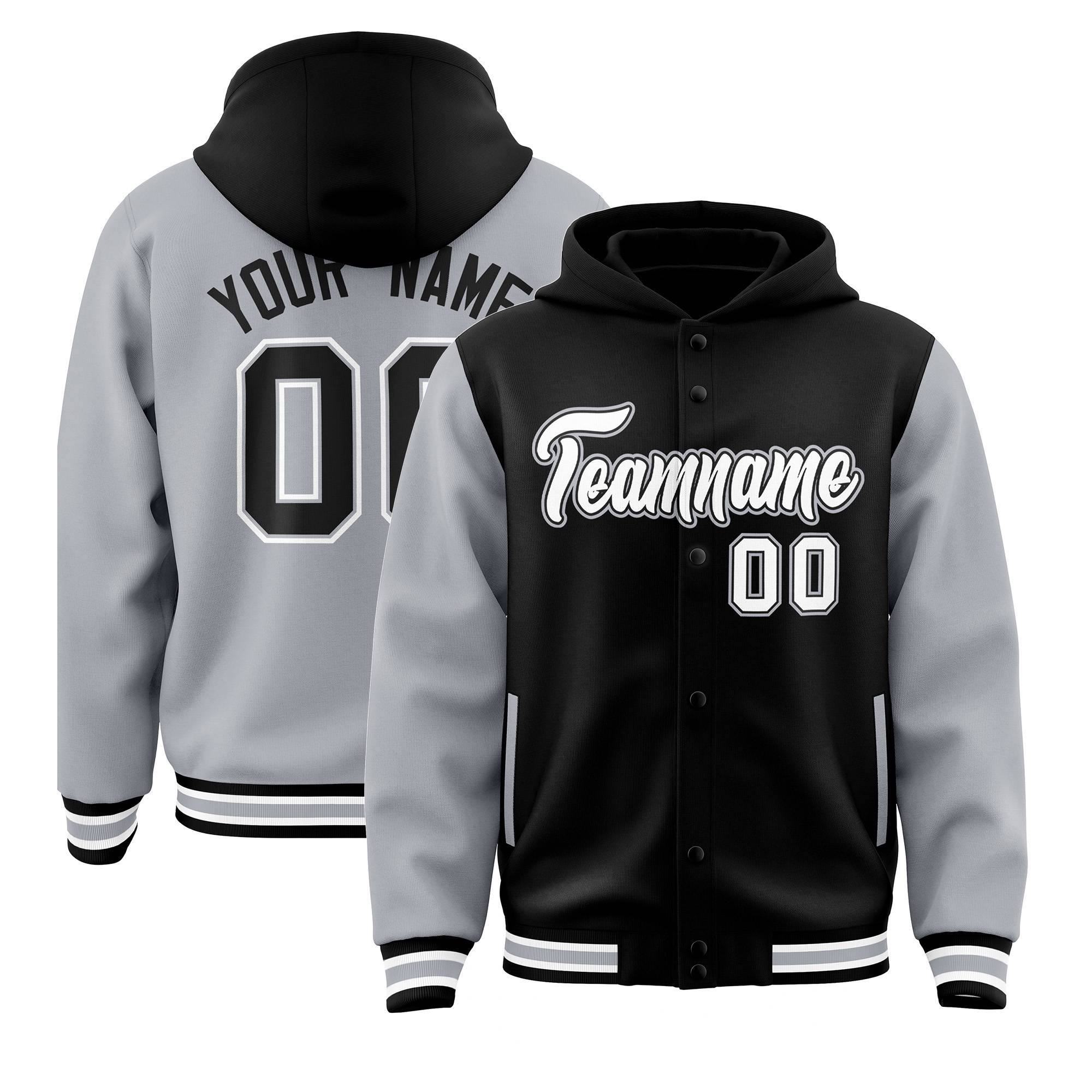 Custom Black Gray Raglan Sleeves Varsity Full-Snap Letterman Two Tone Jacket Hoodie| KXKSHOP