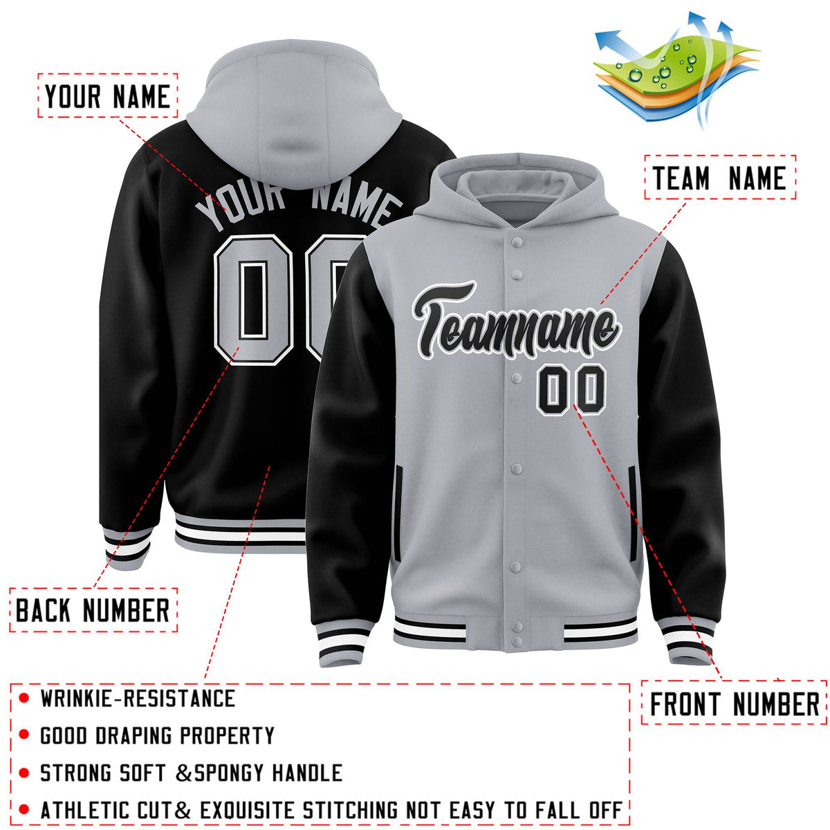 Custom Gray Black Raglan Sleeves Varsity Full-Snap Letterman Two Tone Jacket Hoodie| KXKSHOP