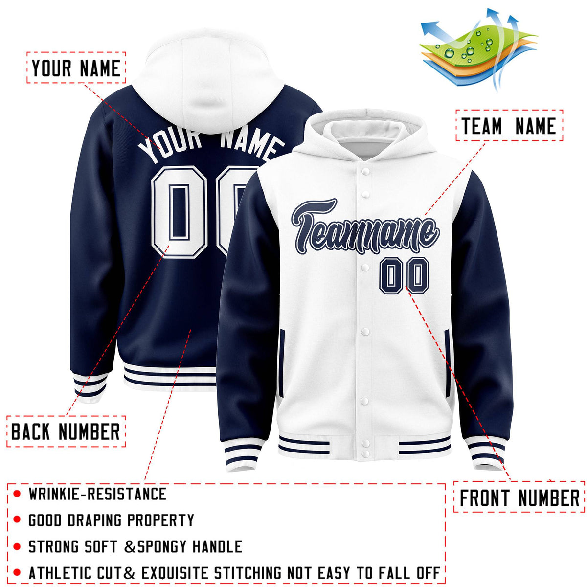 Custom White Navy Raglan Sleeves Varsity Full-Snap Letterman Two Tone Jacket Hoodie| KXKSHOP