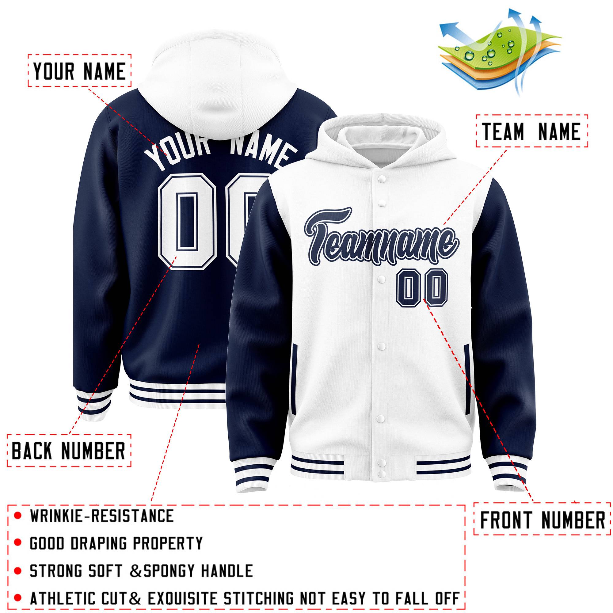 Custom White Navy Raglan Sleeves Varsity Full-Snap Letterman Two Tone Jacket Hoodie| KXKSHOP