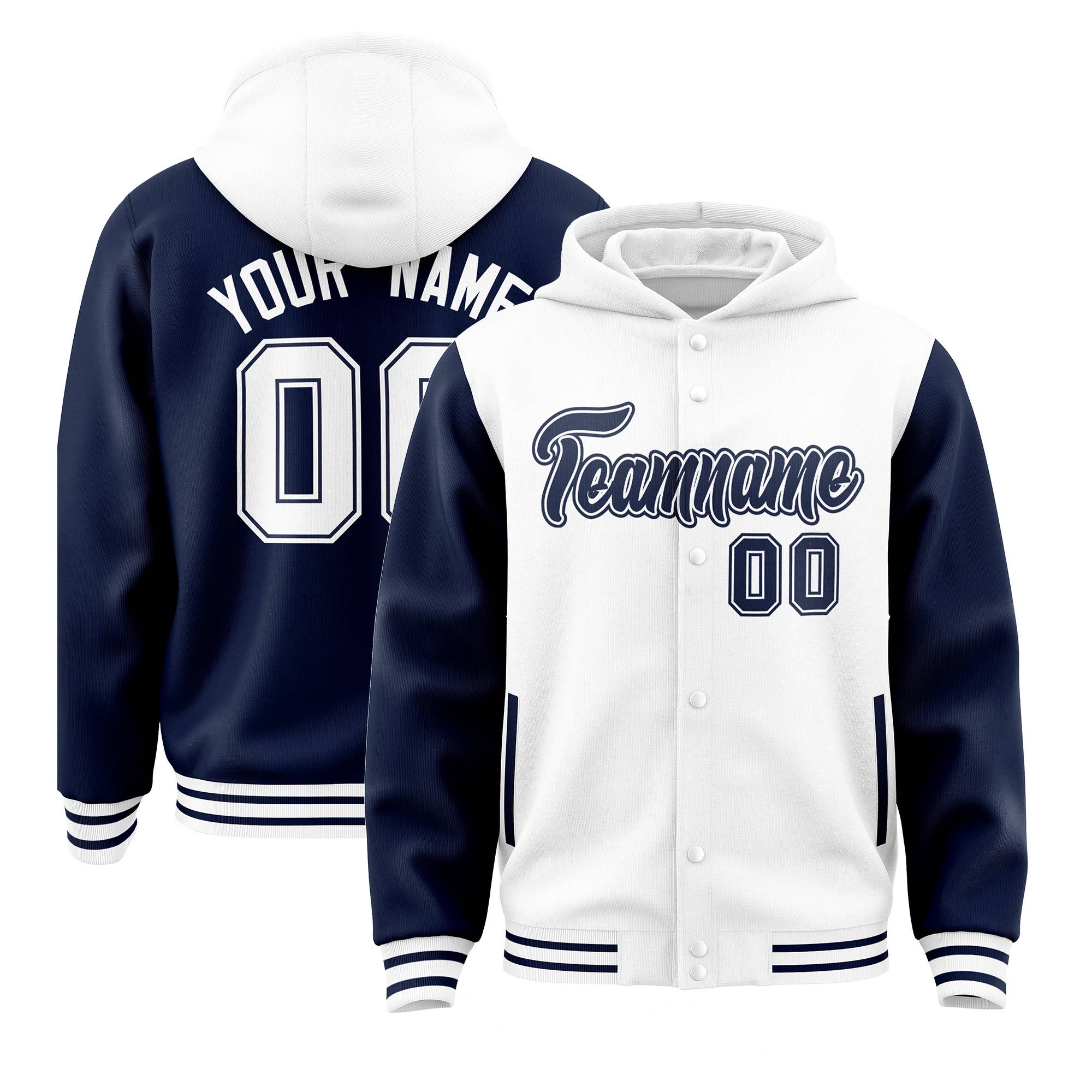 Custom White Navy Raglan Sleeves Varsity Full-Snap Letterman Two Tone Jacket Hoodie| KXKSHOP