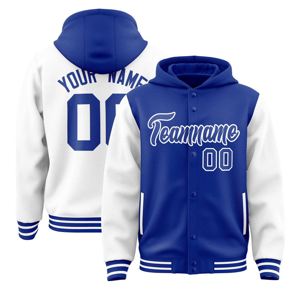 Custom Royal White Raglan Sleeves Varsity Full-Snap Letterman Two Tone Jacket Hoodie| KXKSHOP