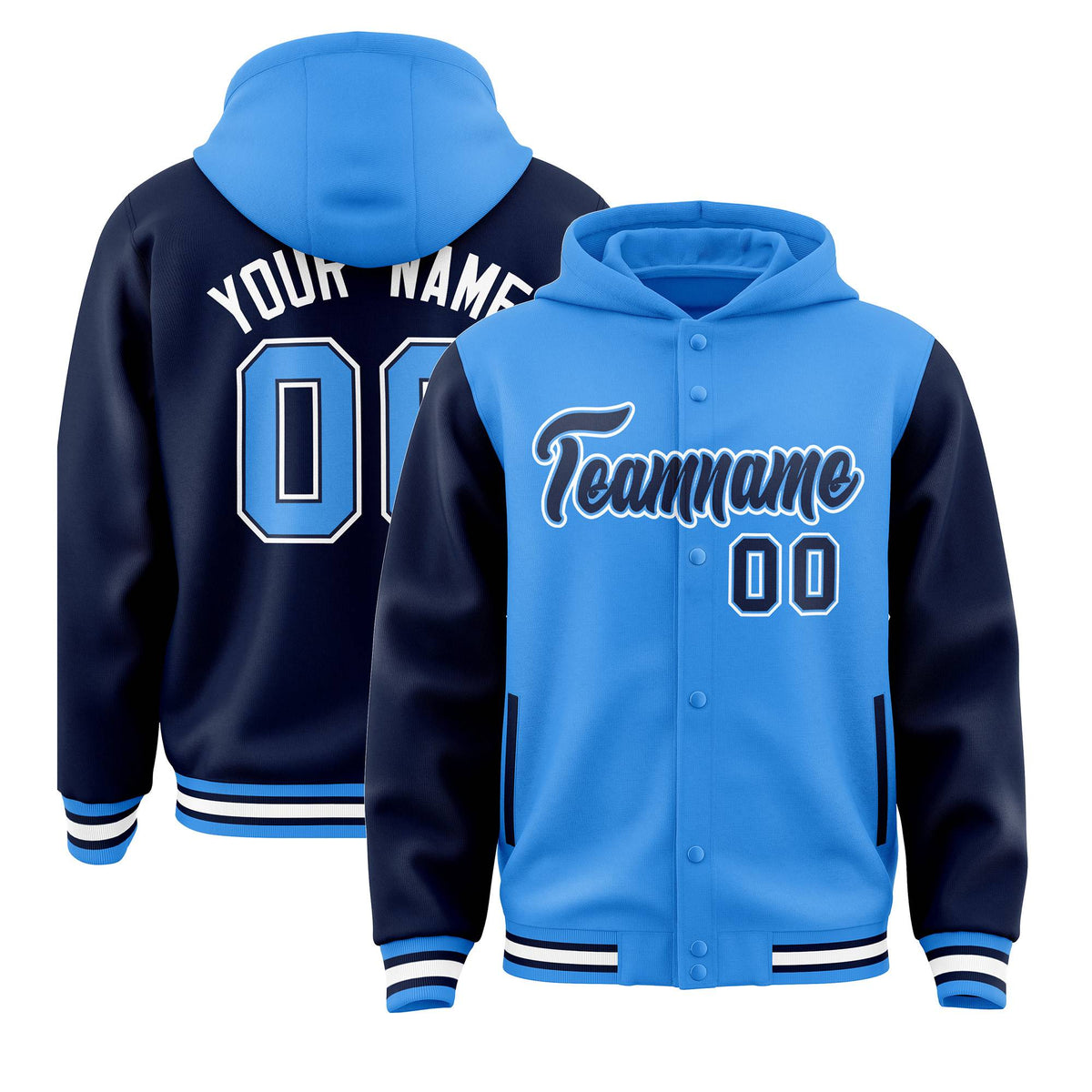 Custom Powder Blue Navy Raglan Sleeves Varsity Full-Snap Letterman Two Tone Jacket Hoodie| KXKSHOP