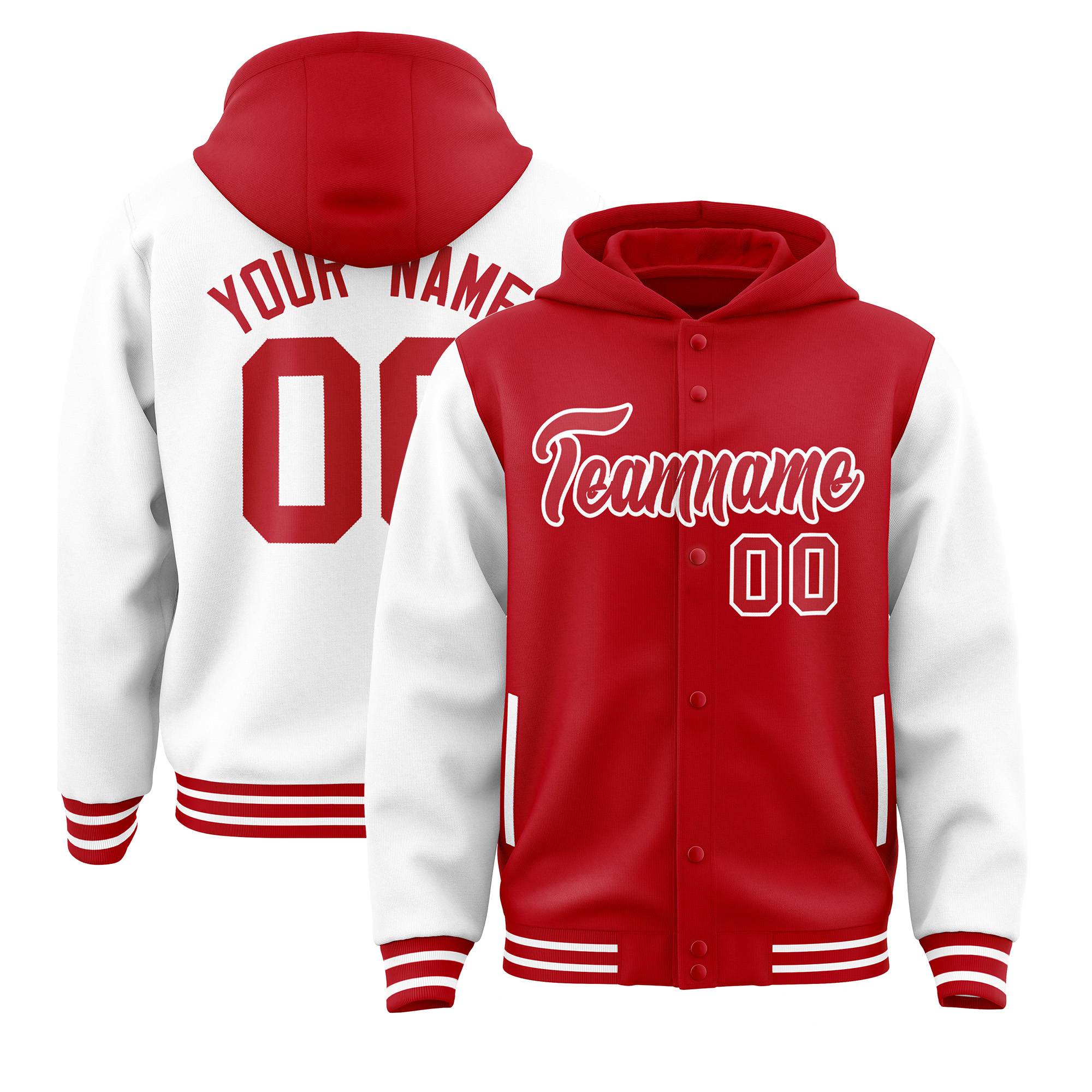 Custom Red White Raglan Sleeves Varsity Full-Snap Letterman Two Tone Jacket Hoodie| KXKSHOP