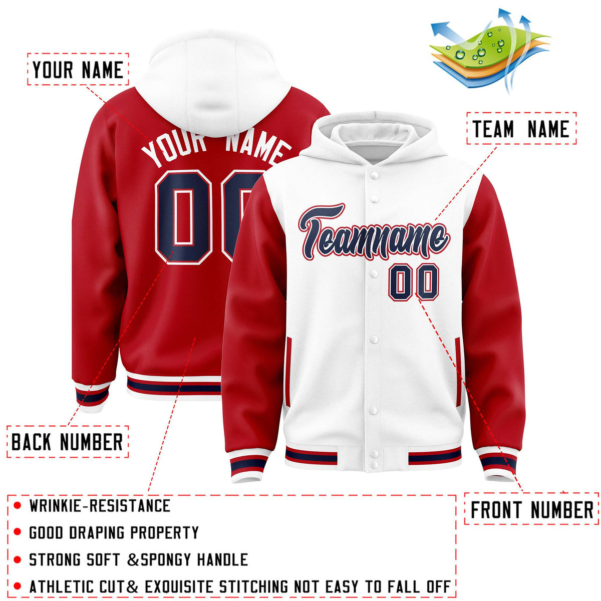 Custom White Red Raglan Sleeves Varsity Full-Snap Letterman Two Tone Jacket Hoodie| KXKSHOP