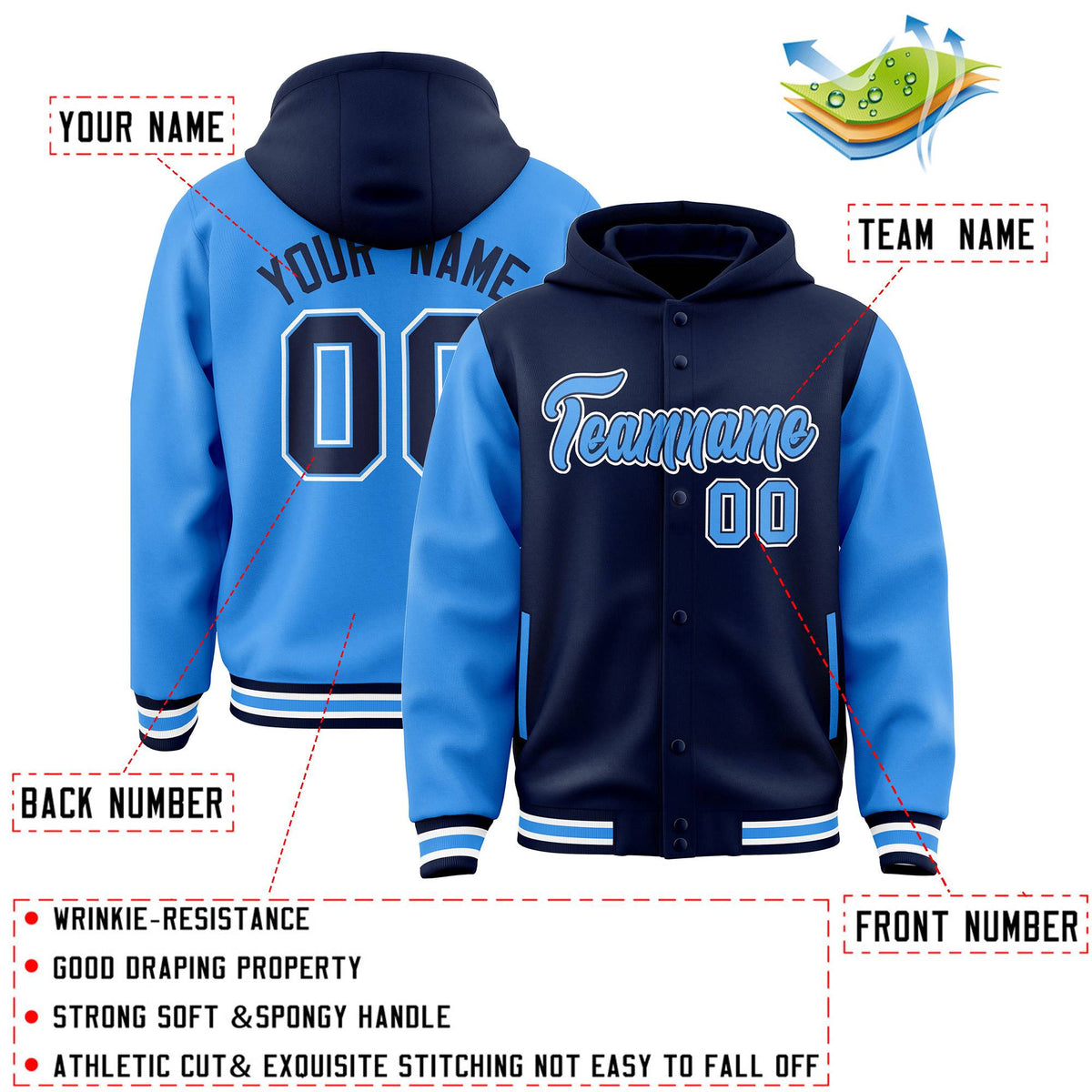 Custom Navy Powder Blue Raglan Sleeves Varsity Full-Snap Letterman Two Tone Jacket Hoodie| KXKSHOP
