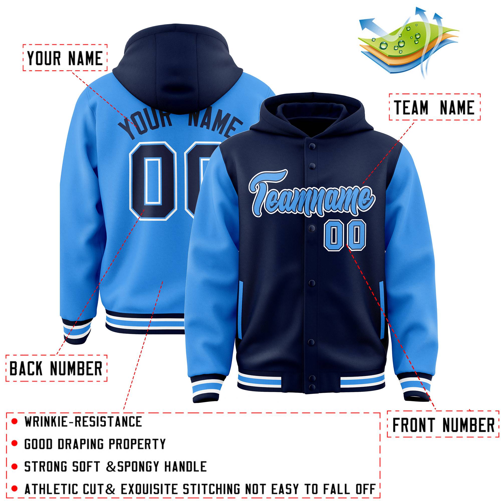 Custom Navy Powder Blue Raglan Sleeves Varsity Full-Snap Letterman Two Tone Jacket Hoodie| KXKSHOP