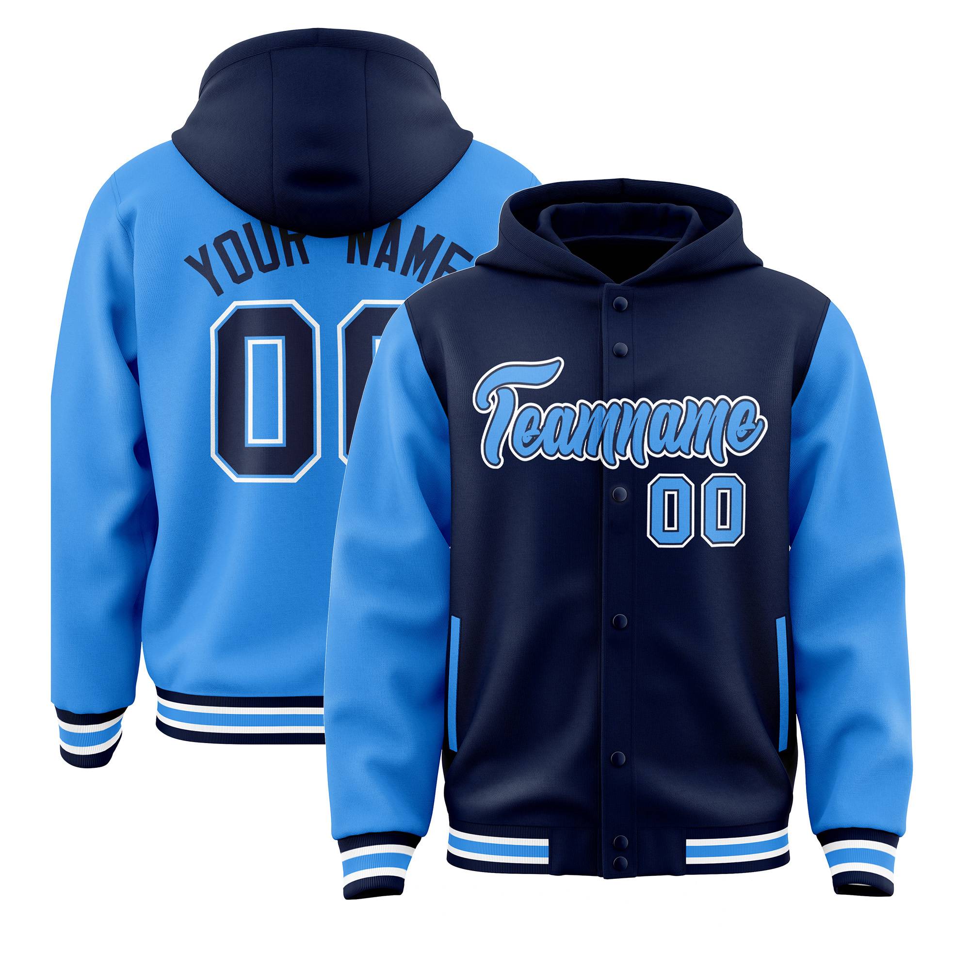 Custom Navy Powder Blue Raglan Sleeves Varsity Full-Snap Letterman Two Tone Jacket Hoodie| KXKSHOP