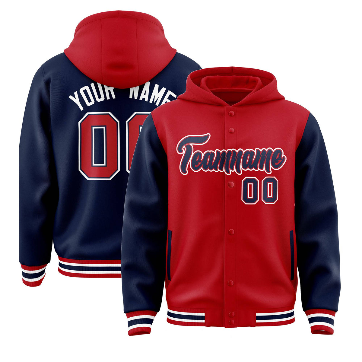 Custom Red Navy Raglan Sleeves Varsity Full-Snap Letterman Two Tone Jacket Hoodie| KXKSHOP