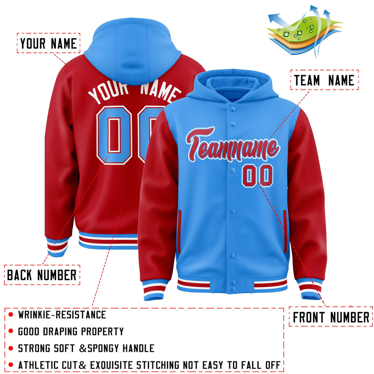 Custom Powder Blue Red Raglan Sleeves Varsity Full-Snap Letterman Two Tone Jacket Hoodie| KXKSHOP