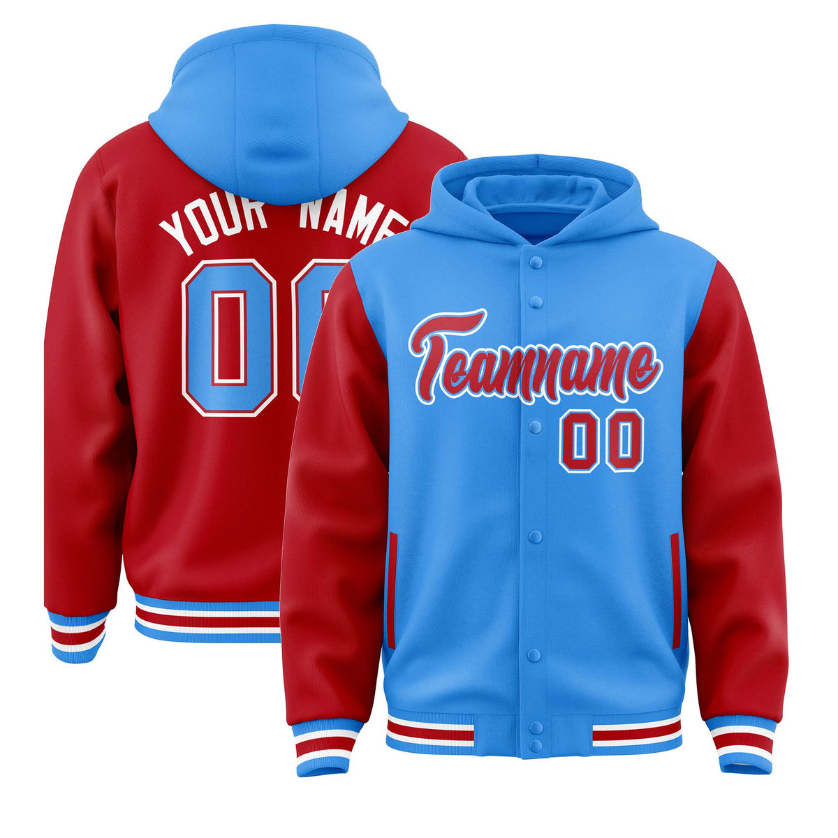 Custom Powder Blue Red Raglan Sleeves Varsity Full-Snap Letterman Two Tone Jacket Hoodie| KXKSHOP