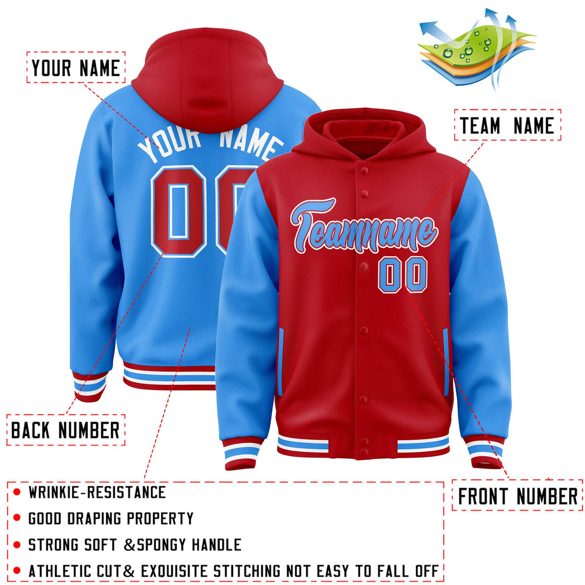 Custom Red Powder Blue Raglan Sleeves Varsity Full-Snap Letterman Two Tone Jacket Hoodie| KXKSHOP
