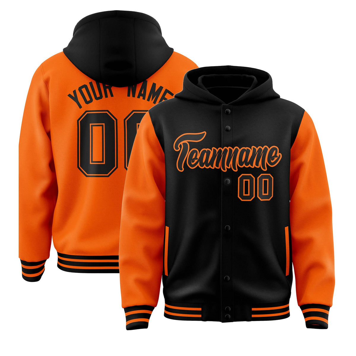 Custom Black Orange Raglan Sleeves Varsity Full-Snap Letterman Two Tone Jacket Hoodie| KXKSHOP