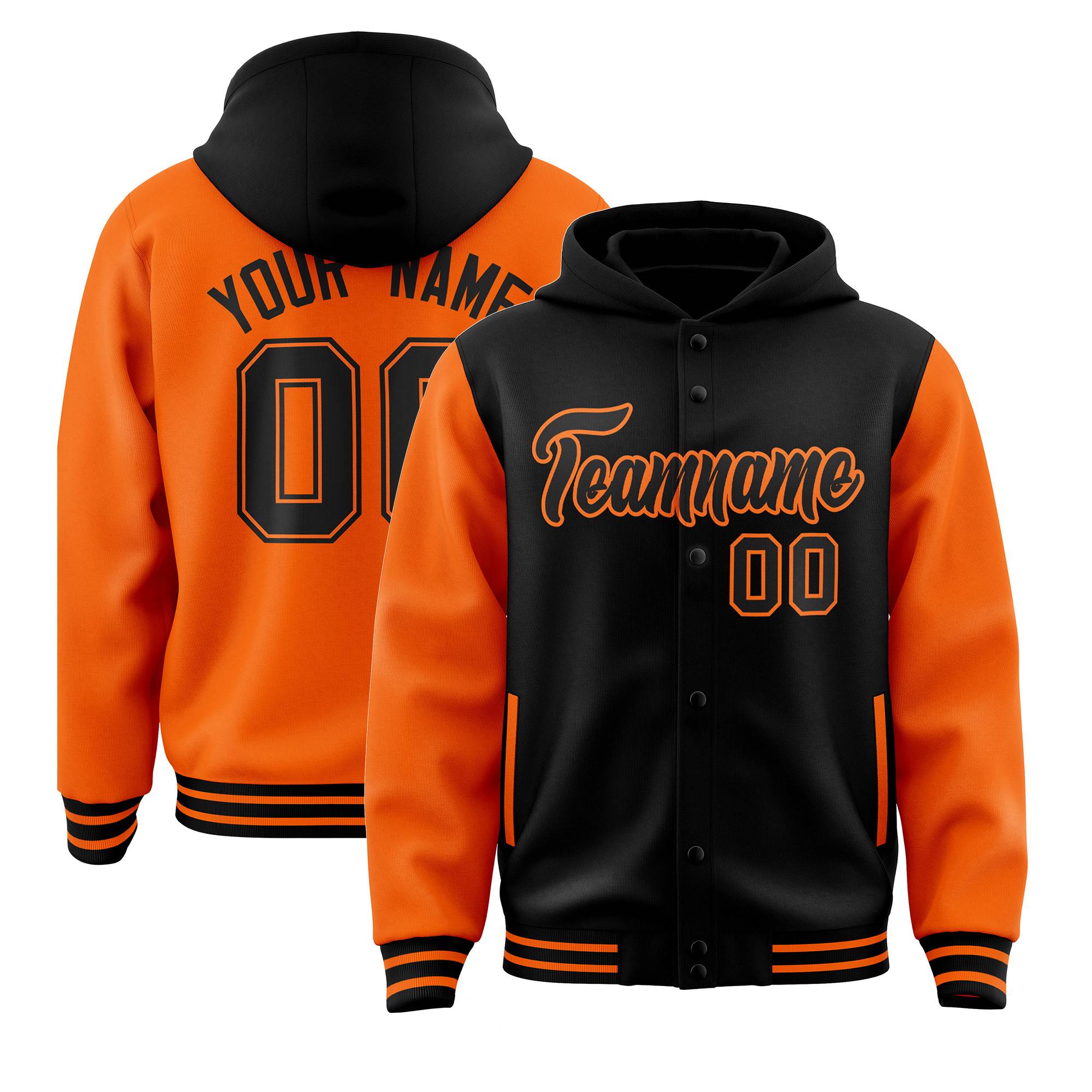 Custom Black Orange Raglan Sleeves Varsity Full-Snap Letterman Two Tone Jacket Hoodie| KXKSHOP