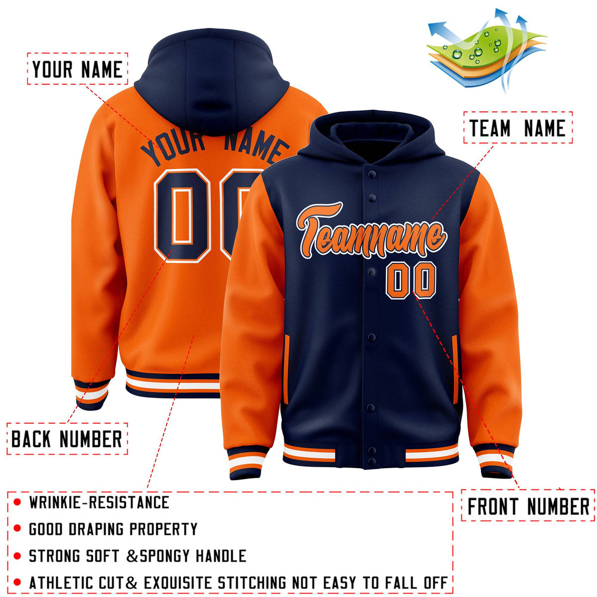 Custom Navy Orange Raglan Sleeves Varsity Full-Snap Letterman Two Tone Jacket Hoodie| KXKSHOP