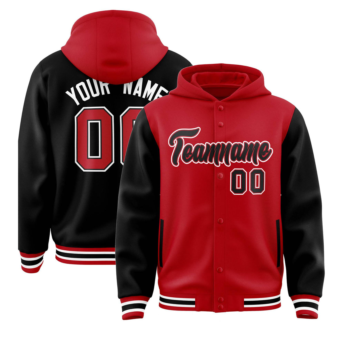 Custom Red Black Raglan Sleeves Varsity Full-Snap Letterman Two Tone Jacket Hoodie| KXKSHOP