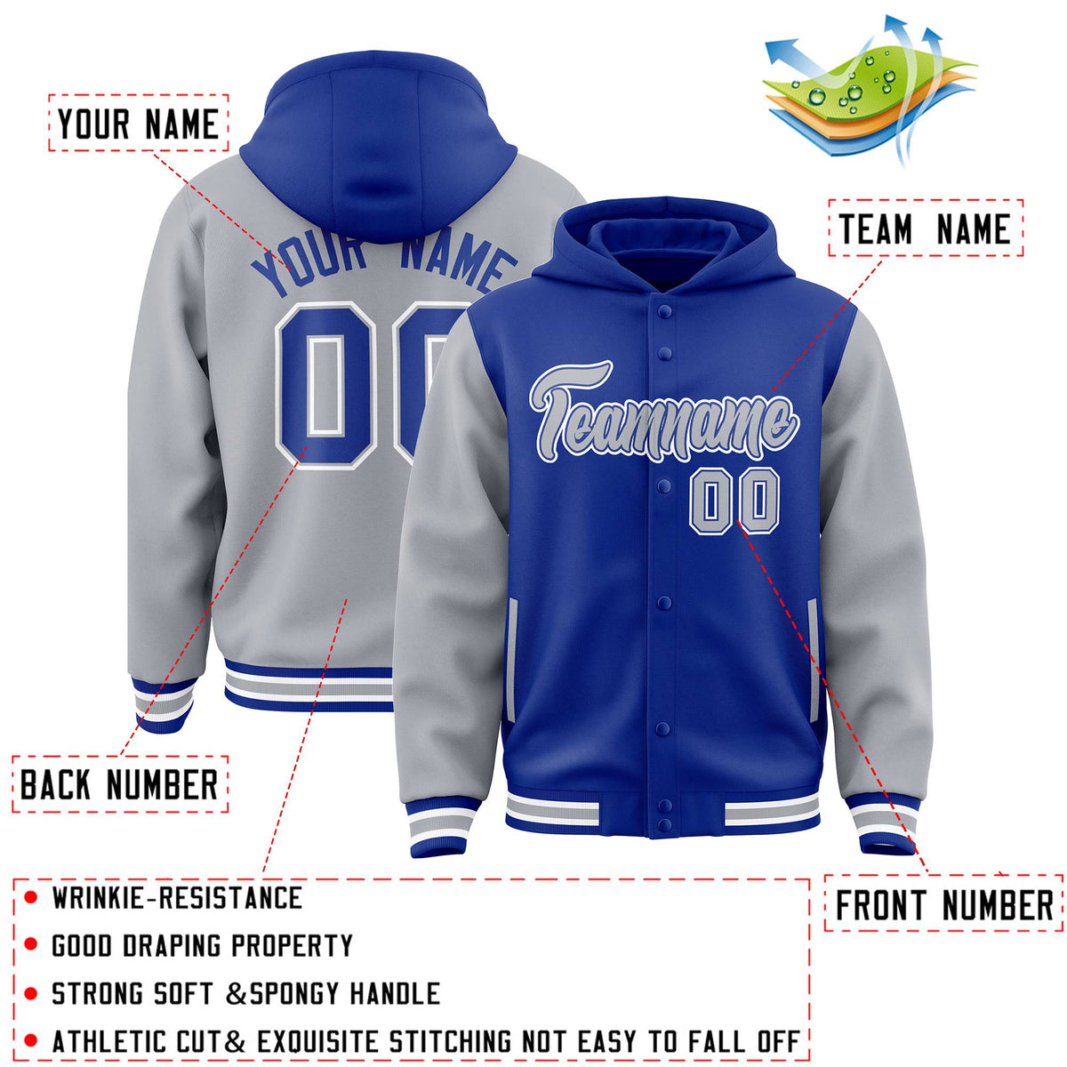 Custom Royal Gray Raglan Sleeves Varsity Full-Snap Letterman Two Tone Jacket Hoodie| KXKSHOP