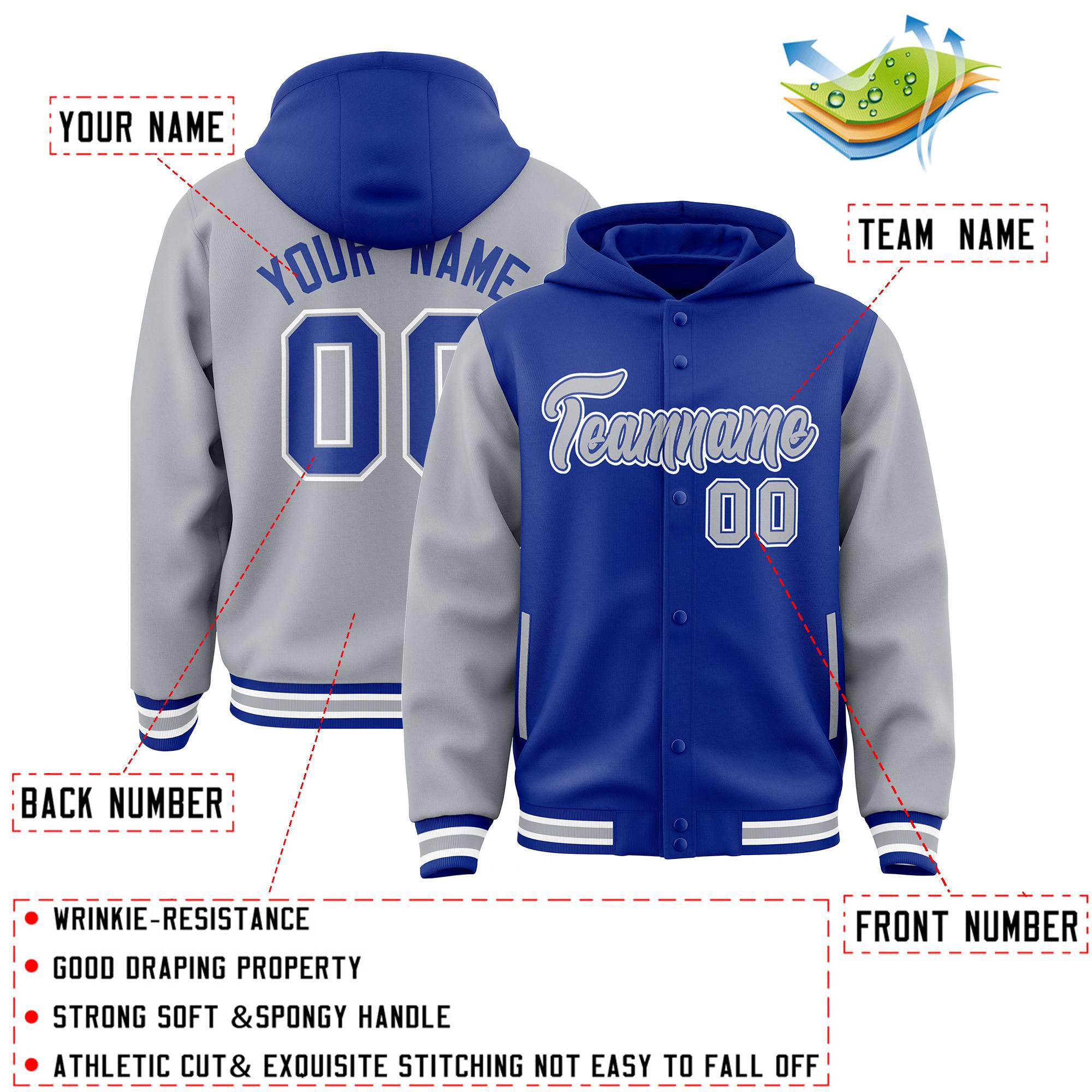 Custom Royal Gray Raglan Sleeves Varsity Full-Snap Letterman Two Tone Jacket Hoodie| KXKSHOP