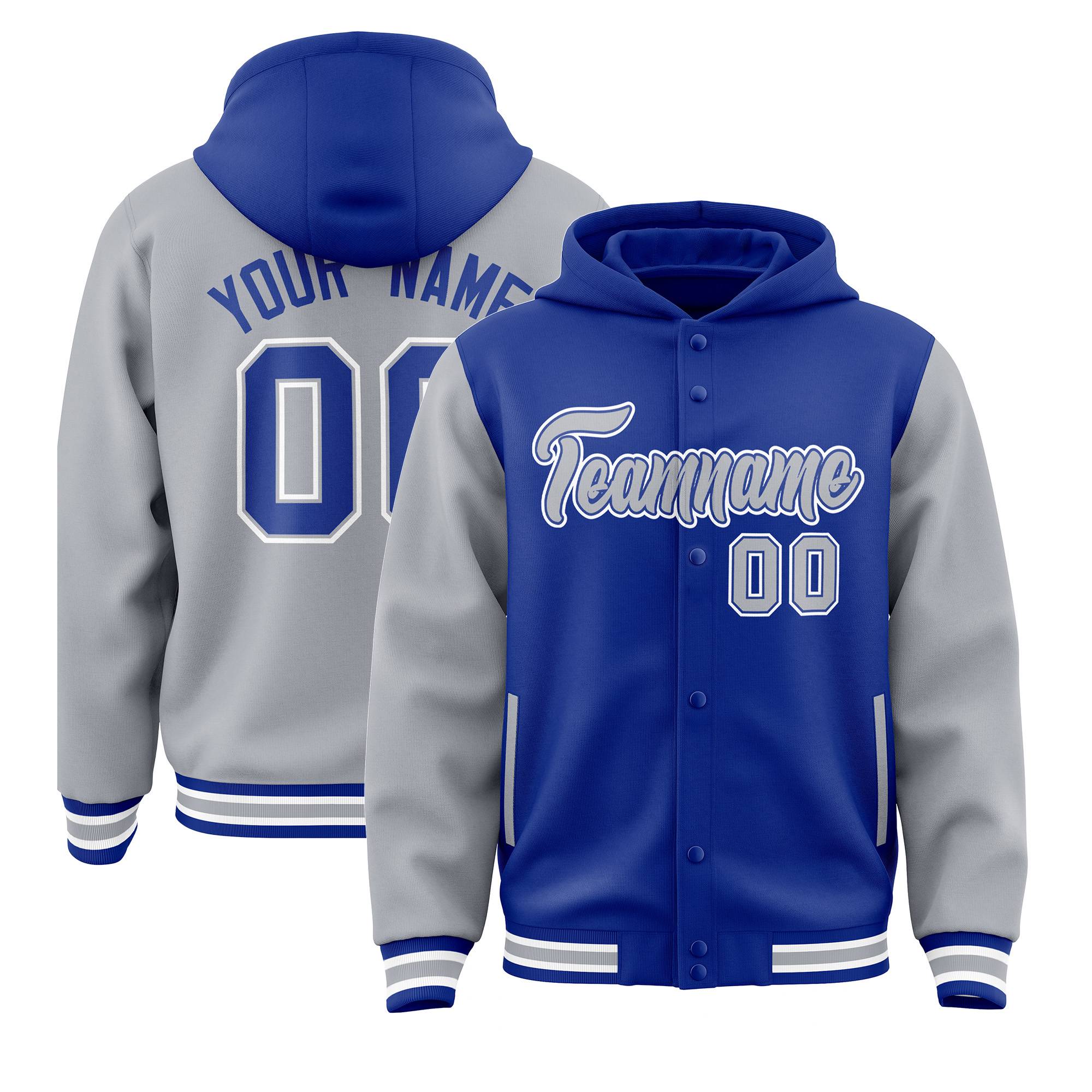 Custom Royal Gray Raglan Sleeves Varsity Full-Snap Letterman Two Tone Jacket Hoodie| KXKSHOP