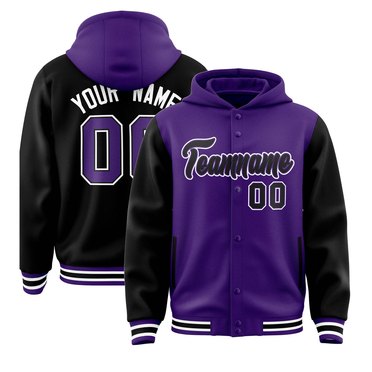 Custom Purple Black Raglan Sleeves Varsity Full-Snap Letterman Two Tone Jacket Hoodie| KXKSHOP