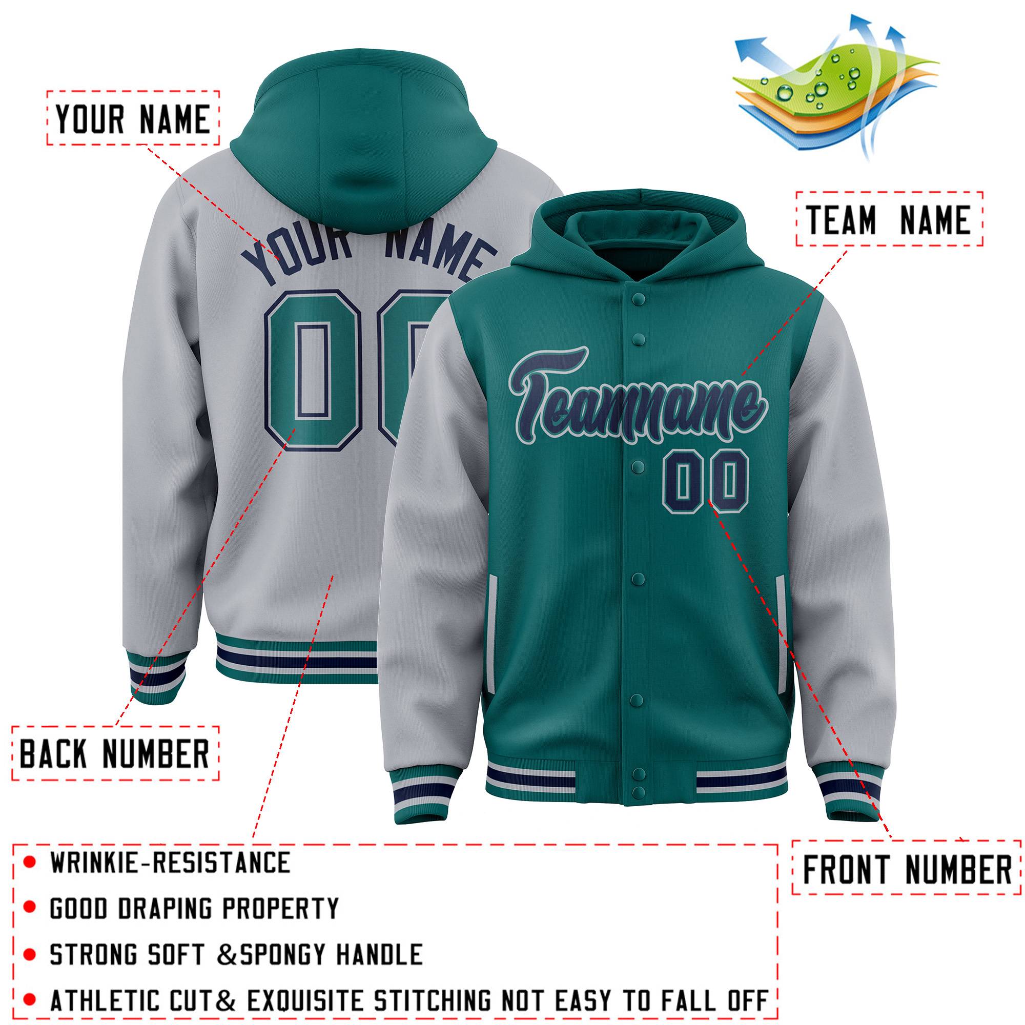 Custom Aqua Gray Raglan Sleeves Varsity Full-Snap Letterman Two Tone Jacket Hoodie| KXKSHOP