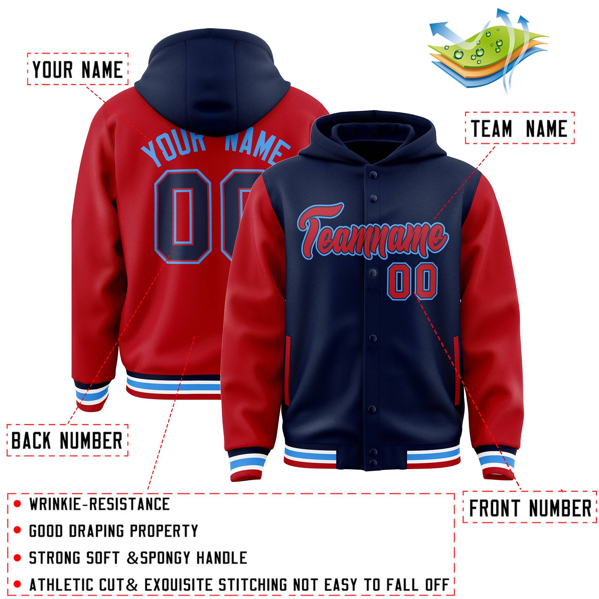 Custom Navy Red Raglan Sleeves Varsity Full-Snap Letterman Two Tone Jacket Hoodie| KXKSHOP
