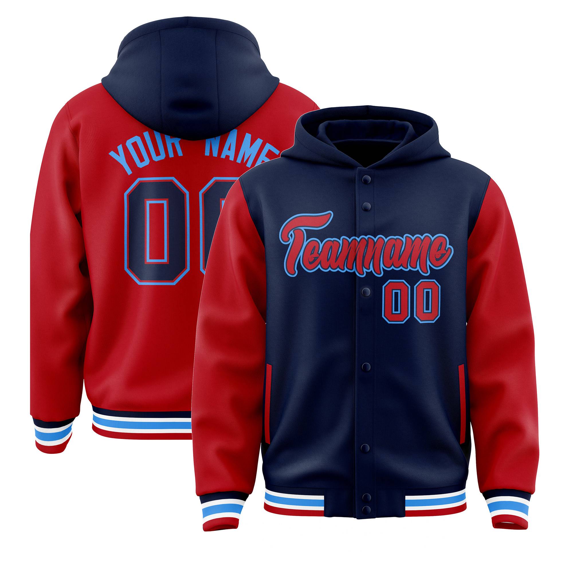 Custom Navy Red Raglan Sleeves Varsity Full-Snap Letterman Two Tone Jacket Hoodie| KXKSHOP