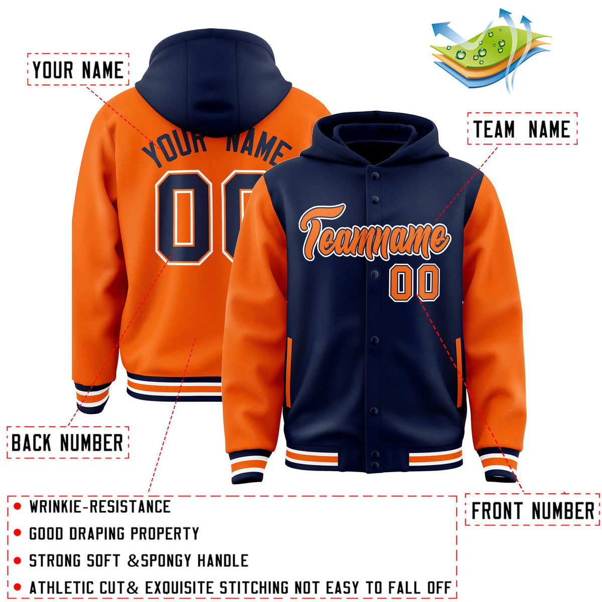 Custom Navy Orange Raglan Sleeves Varsity Full-Snap Letterman Two Tone Jacket Hoodie| KXKSHOP
