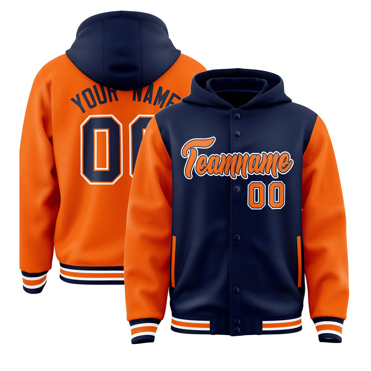 Custom Navy Orange Raglan Sleeves Varsity Full-Snap Letterman Two Tone Jacket Hoodie| KXKSHOP