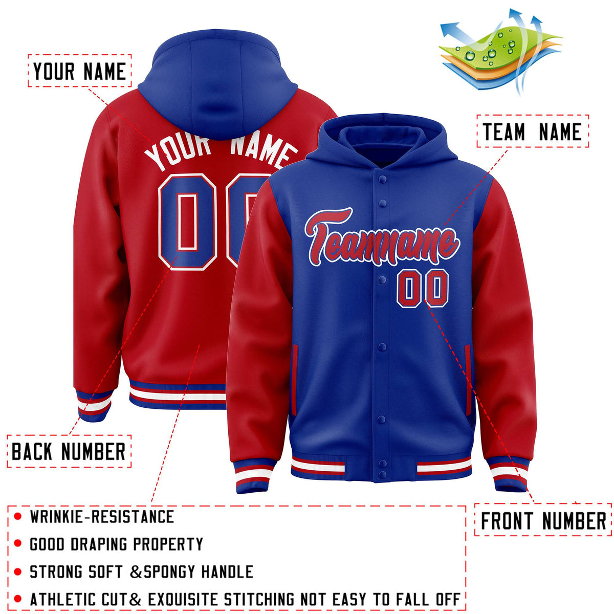 Custom Royal Red Raglan Sleeves Varsity Full-Snap Letterman Two Tone Jacket Hoodie| KXKSHOP