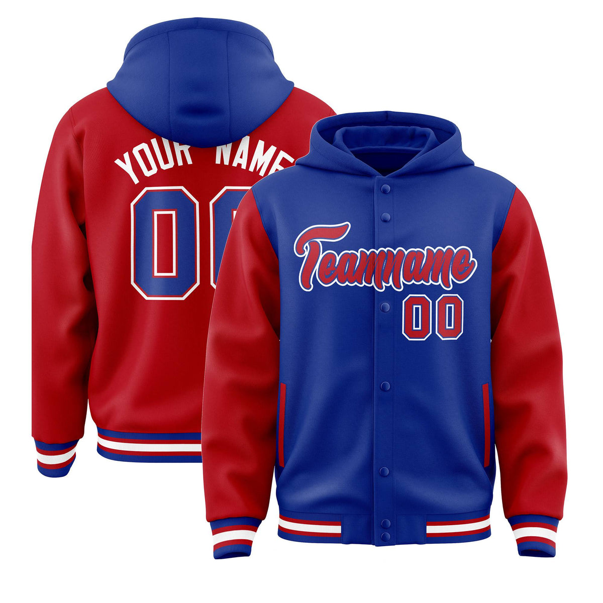 Custom Royal Red Raglan Sleeves Varsity Full-Snap Letterman Two Tone Jacket Hoodie| KXKSHOP