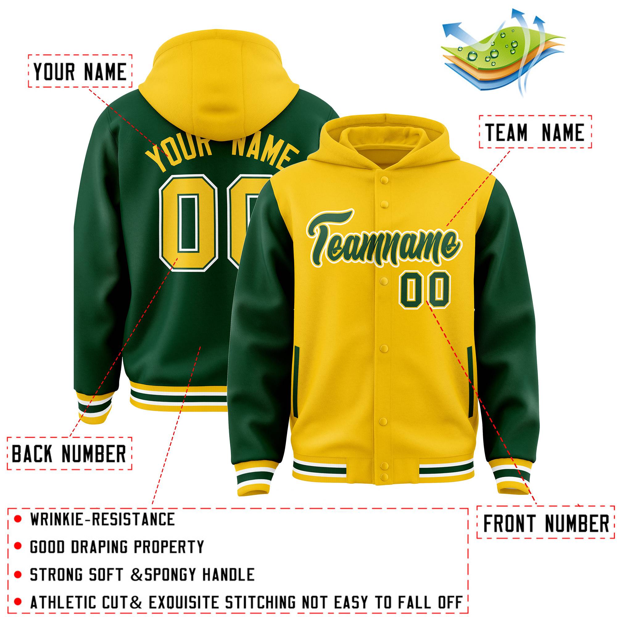 Custom Gold Green Raglan Sleeves Varsity Full-Snap Letterman Two Tone Jacket Hoodie| KXKSHOP