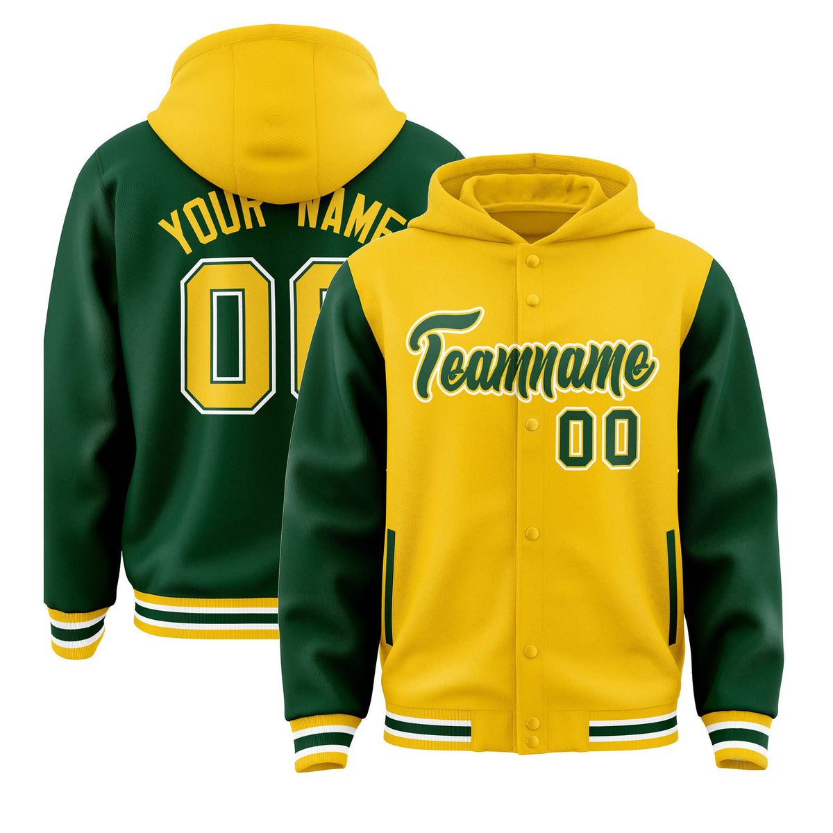 Custom Gold Green Raglan Sleeves Varsity Full-Snap Letterman Two Tone Jacket Hoodie| KXKSHOP