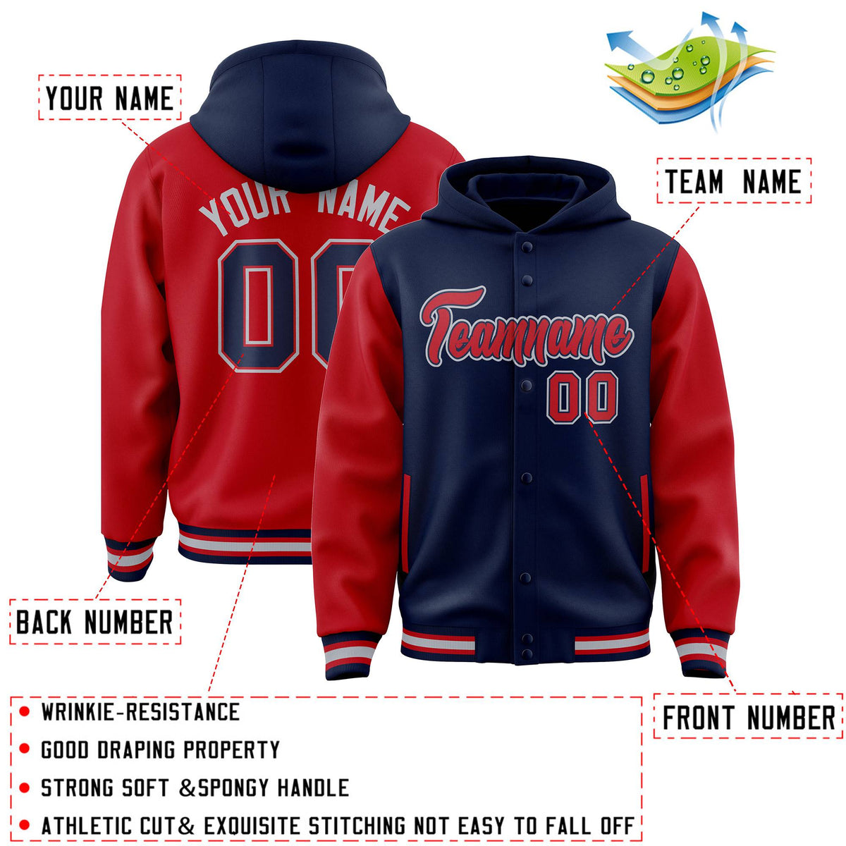 Custom Navy Red Raglan Sleeves Varsity Full-Snap Letterman Two Tone Jacket Hoodie| KXKSHOP