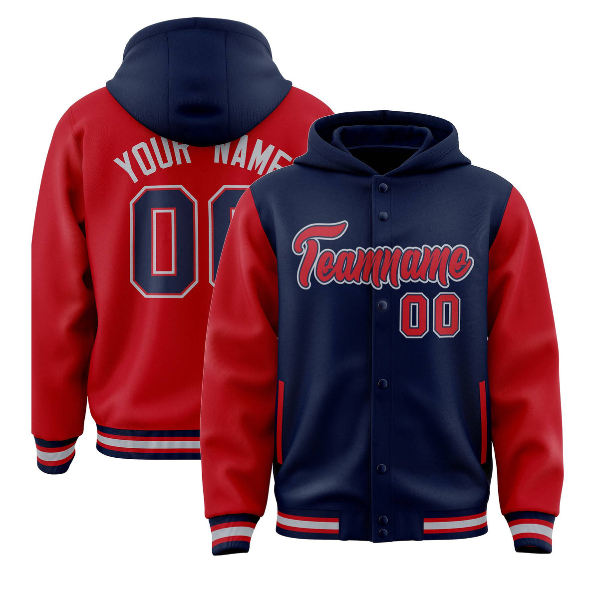 Custom Navy Red Raglan Sleeves Varsity Full-Snap Letterman Two Tone Jacket Hoodie| KXKSHOP