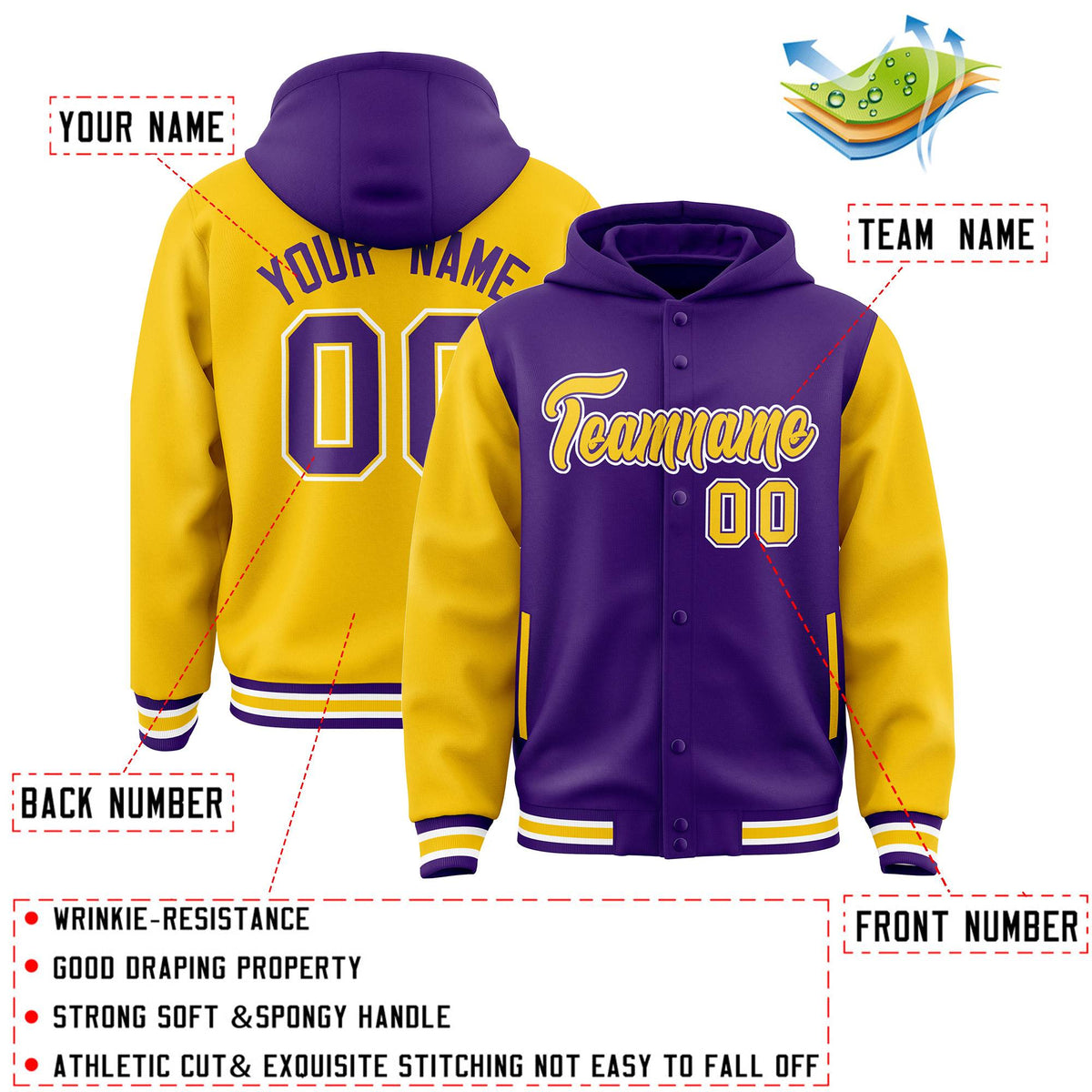 Custom Purple Gold Raglan Sleeves Varsity Full-Snap Letterman Two Tone Jacket Hoodie| KXKSHOP