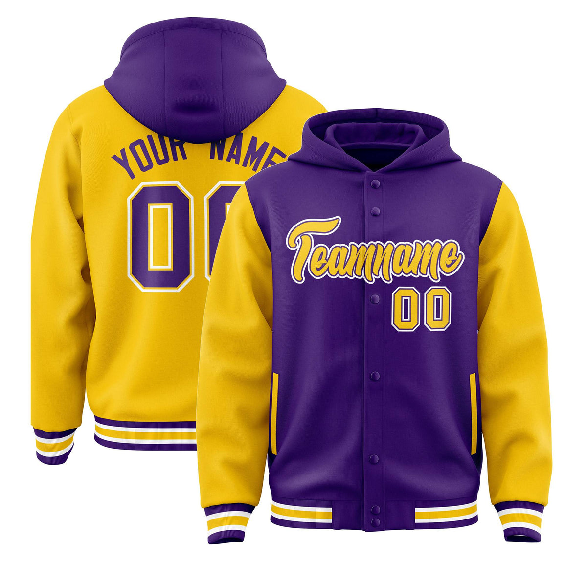 Custom Purple Gold Raglan Sleeves Varsity Full-Snap Letterman Two Tone Jacket Hoodie| KXKSHOP