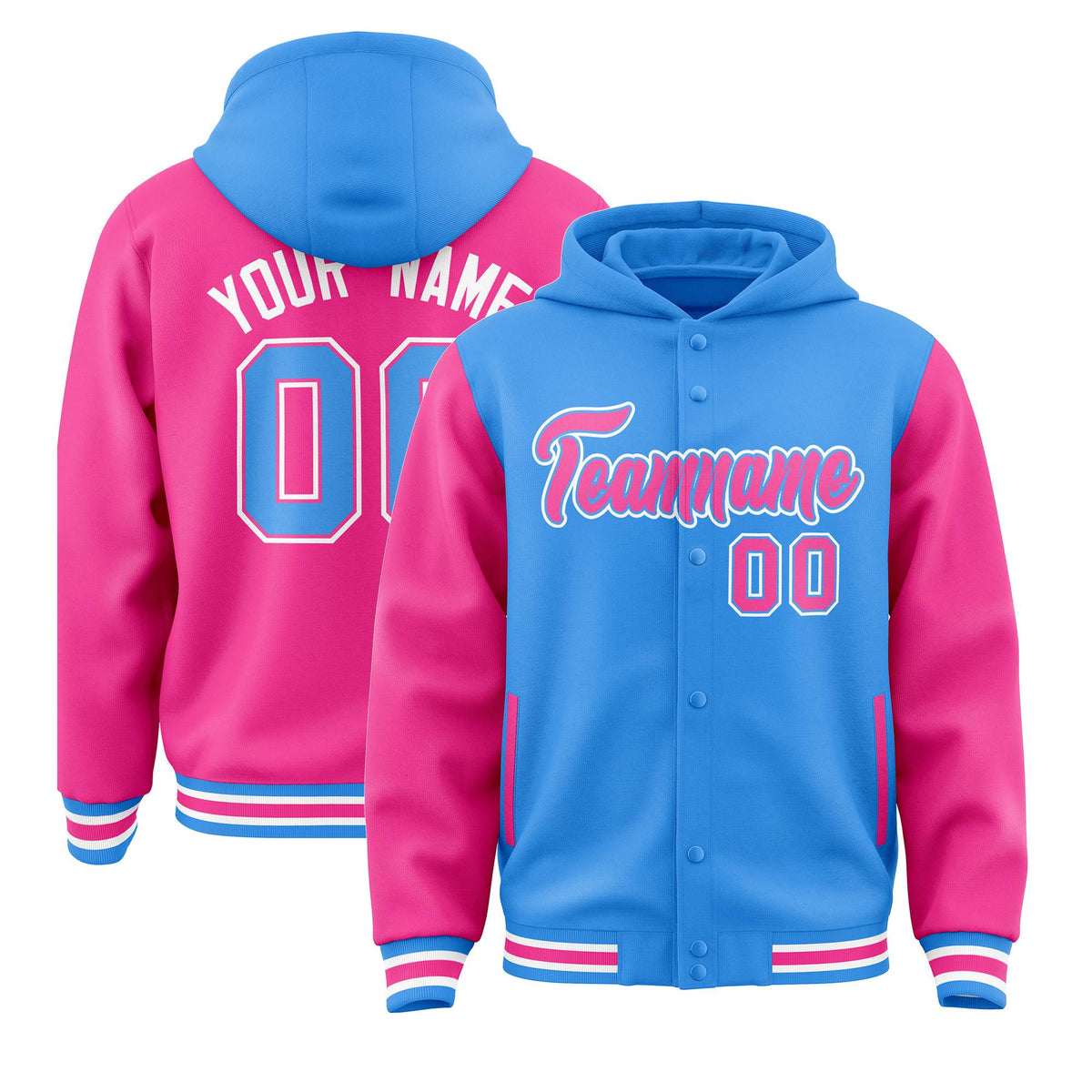 Custom Powder Blue Pink Raglan Sleeves Varsity Full-Snap Letterman Two Tone Jacket Hoodie| KXKSHOP