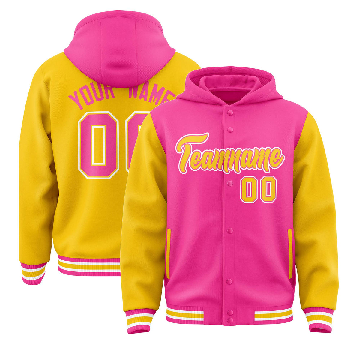 Custom Pink Gold Raglan Sleeves Varsity Full-Snap Letterman Two Tone Jacket Hoodie| KXKSHOP