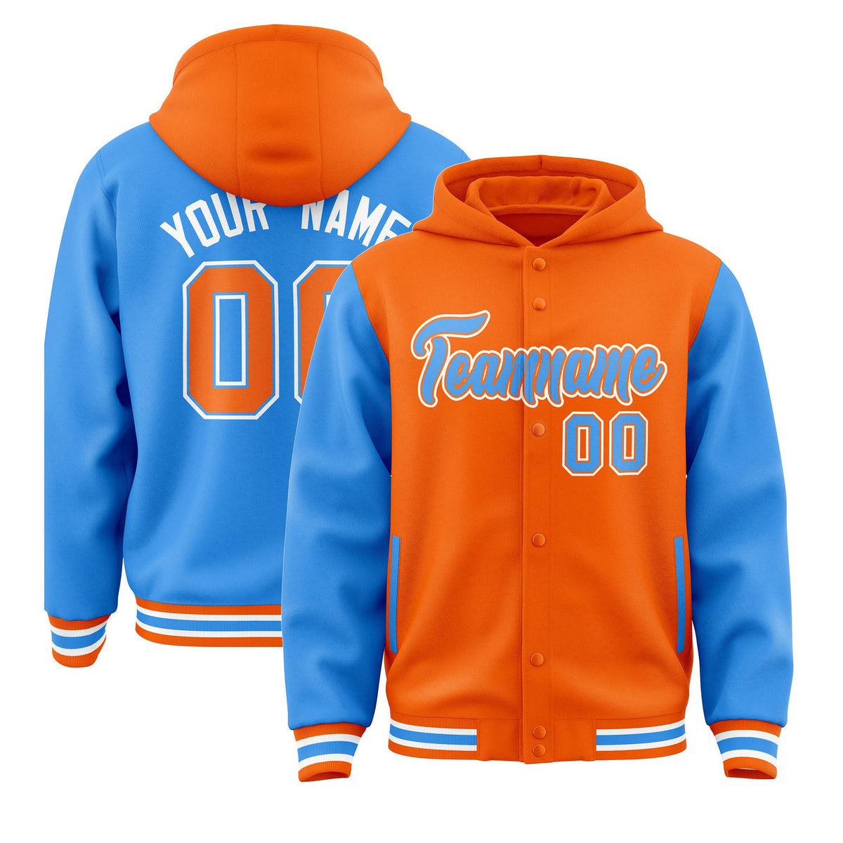 Custom Orange Powder Blue Raglan Sleeves Varsity Full-Snap Letterman Two Tone Jacket Hoodie| KXKSHOP