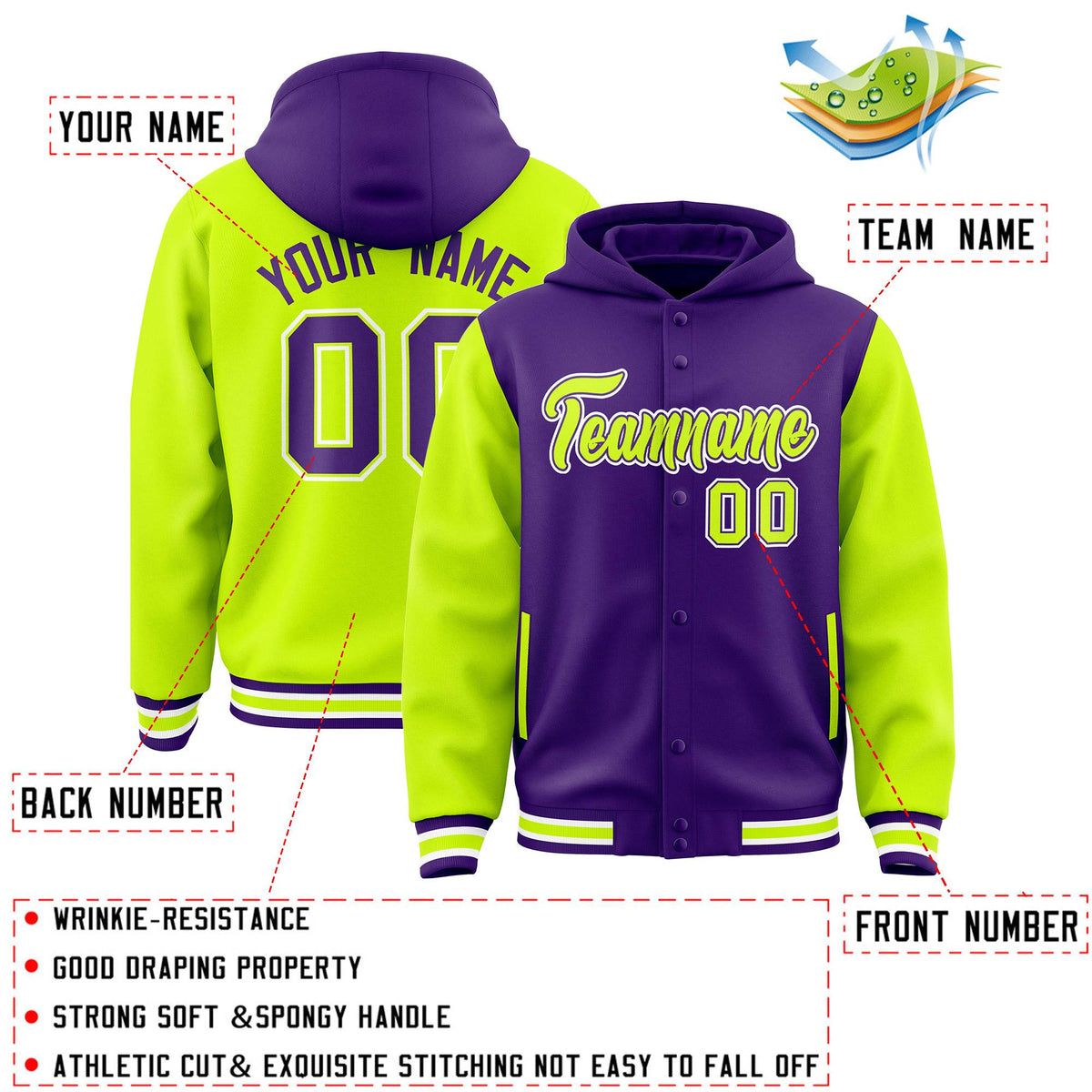 Custom Purple Neon Green Raglan Sleeves Varsity Full-Snap Letterman Two Tone Jacket Hoodie| KXKSHOP