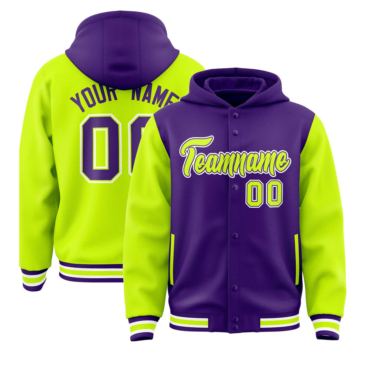 Custom Purple Neon Green Raglan Sleeves Varsity Full-Snap Letterman Two Tone Jacket Hoodie| KXKSHOP