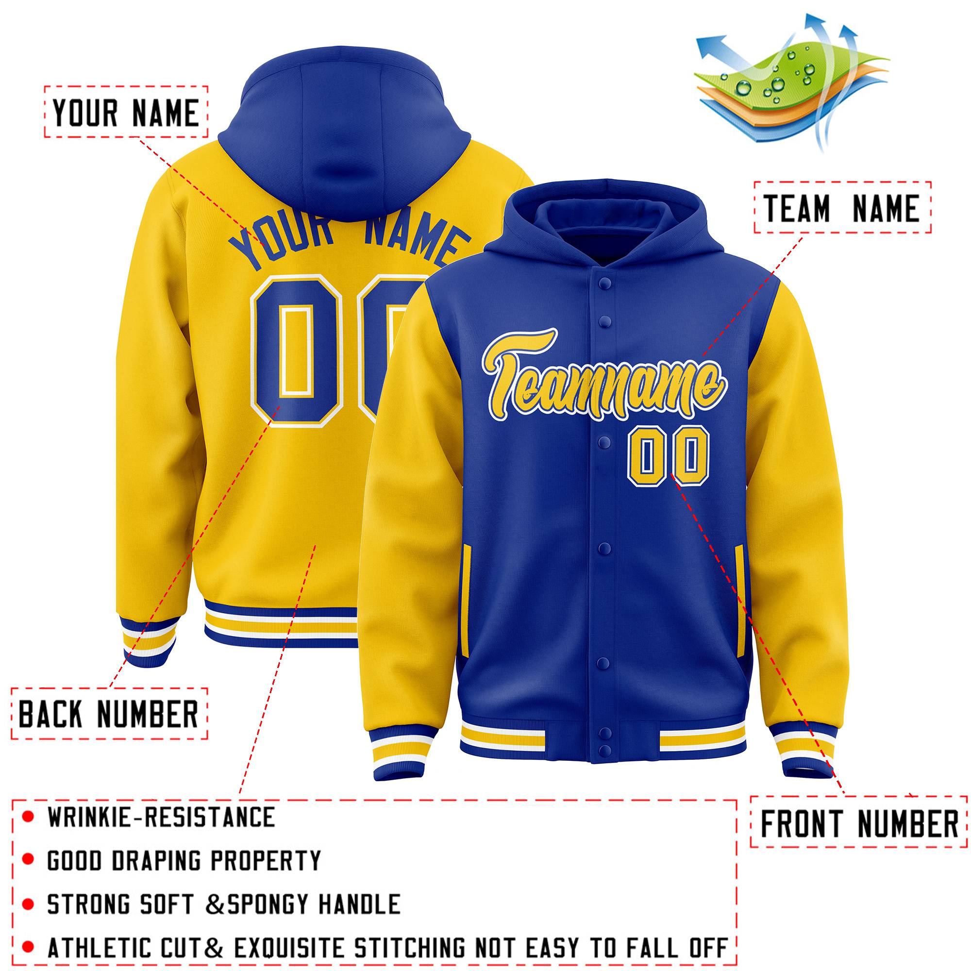 Custom Royal Gold Raglan Sleeves Varsity Full-Snap Letterman Two Tone Jacket Hoodie| KXKSHOP