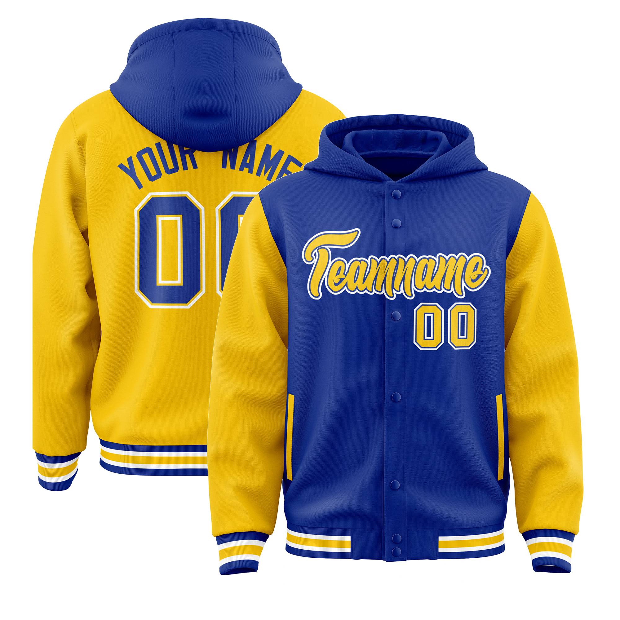 Custom Royal Gold Raglan Sleeves Varsity Full-Snap Letterman Two Tone Jacket Hoodie| KXKSHOP