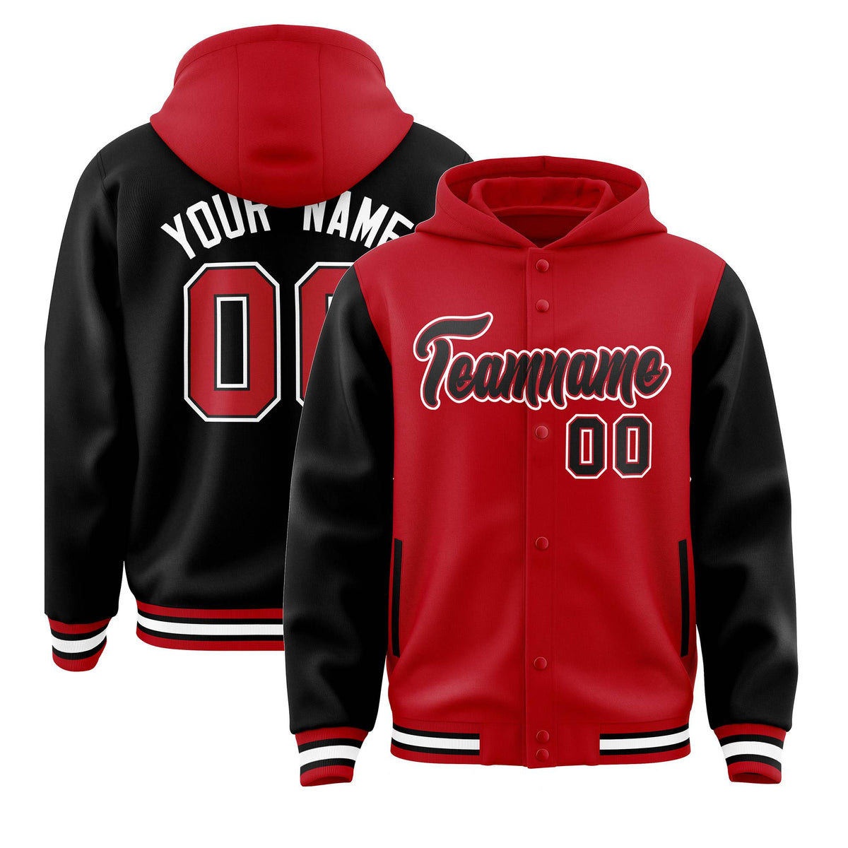Custom Red Black Raglan Sleeves Varsity Full-Snap Letterman Two Tone Jacket Hoodie| KXKSHOP